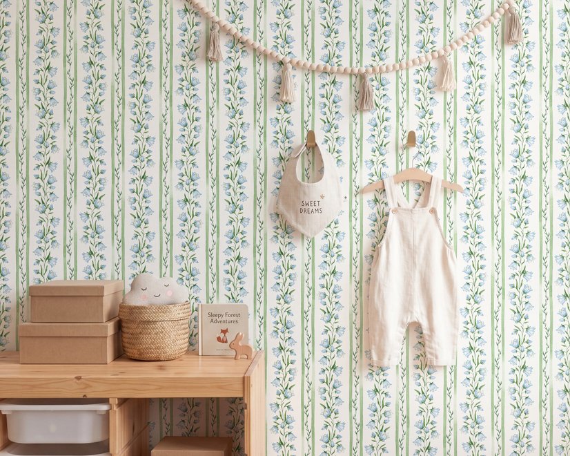Blue floral stripe wallpaper with pale sky-blue bell flowers, green vines and sage bands on white