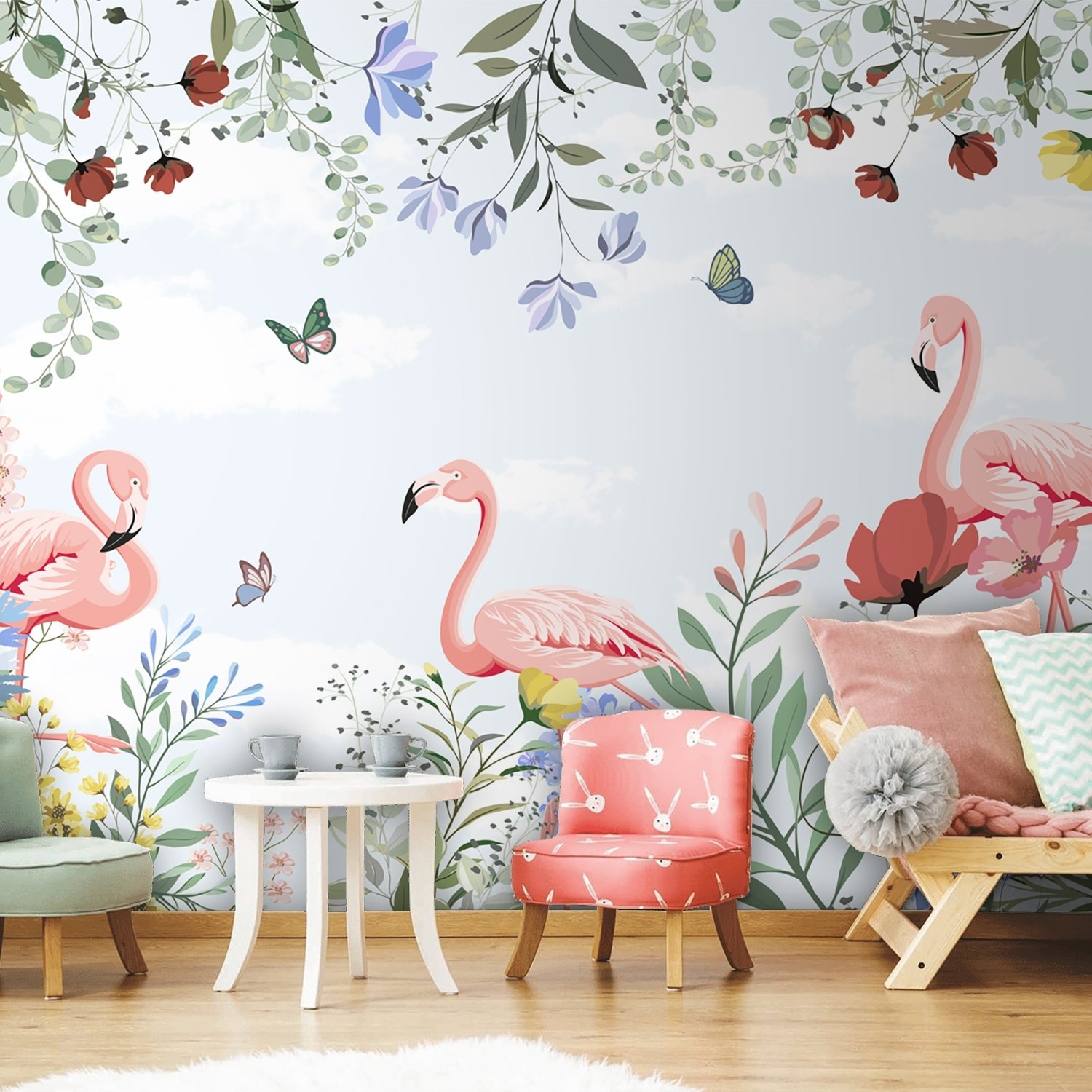 Flamingo with Colorful Floral Wallpaper Mural - Peel and Stick