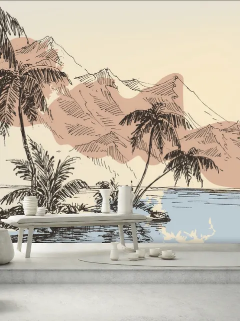 Vintage Charcoal Tropical Palm Tree and Summer Beach Wallpaper Mural