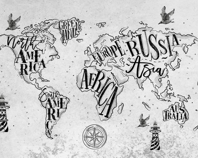Vintage Charcoal World Map Wallpaper Mural