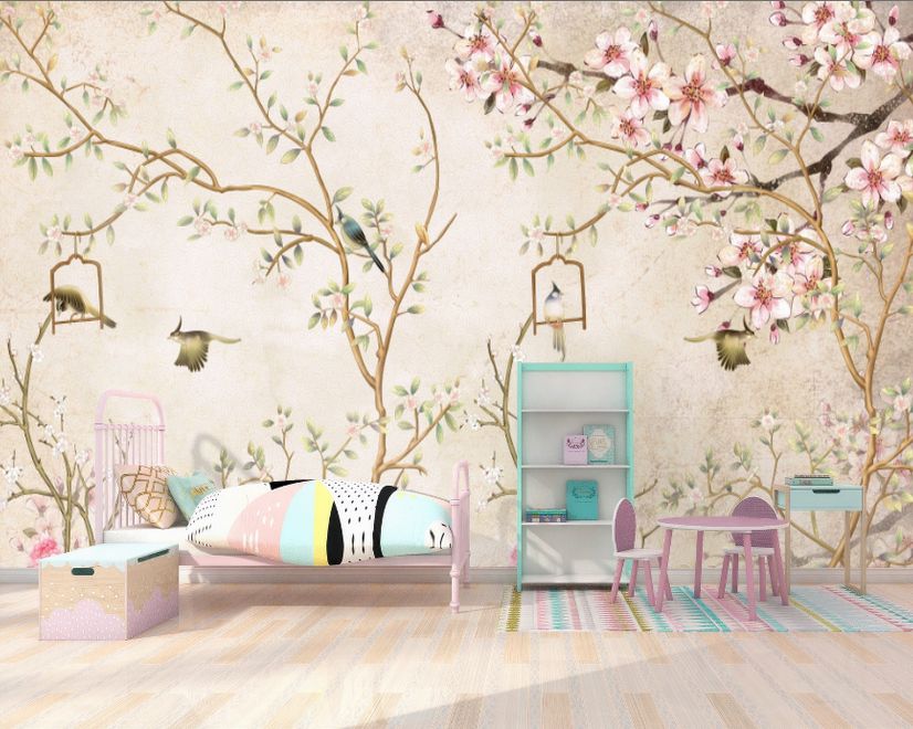 Soft Chinese Florals with Little Birds Wallpaper Mural