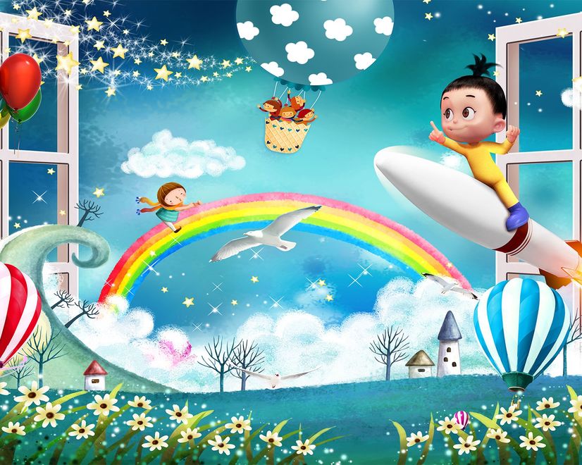 Cartoon Boo Monsters and Hot Air Balloon Wallpaper Mural