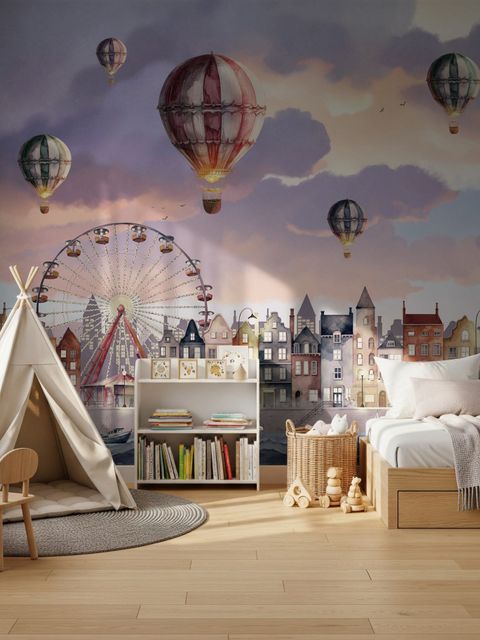 Kinder Fototapete mit Hafen, Dorf und Heißluftballons