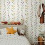 Cute floral wallpaper with green vine trails and pink, purple and yellow watercolor flowers on cream
