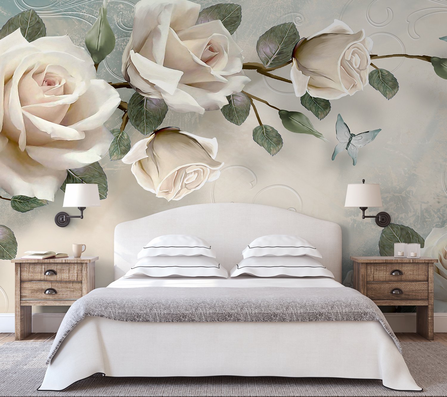 Beautiful White Roses and Butterflies Wallpaper Mural - Peel and Stick