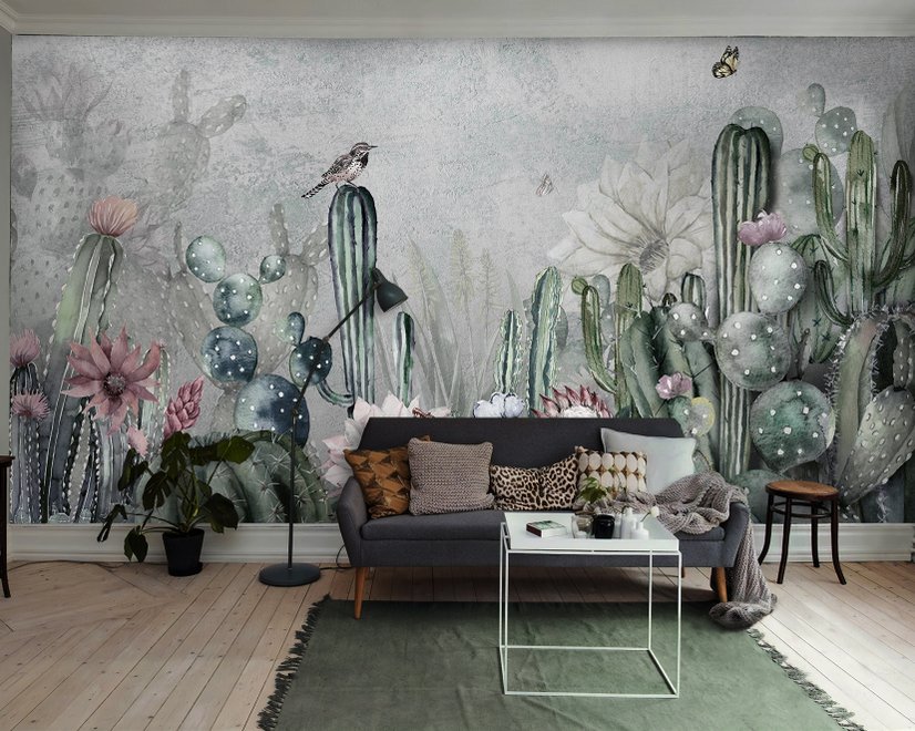 Watercolor Cactus with Flowers Wallpaper Mural