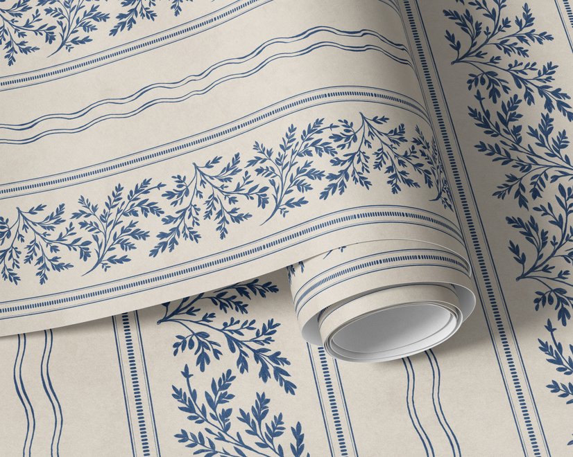 Blue wallpaper with indigo botanical stripework, pinstripes and dotted borders on warm cream parchment