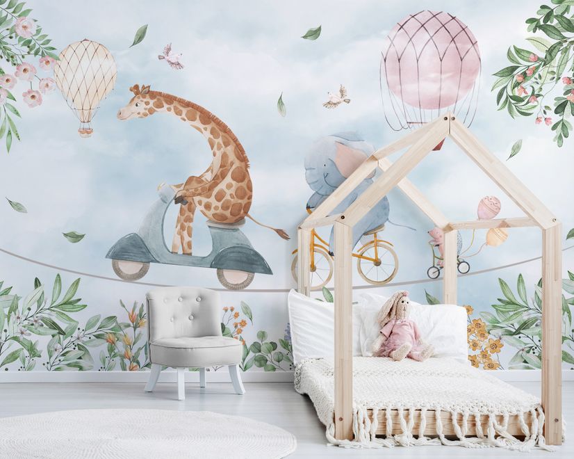 Papier peint animaux mignons à vélo pour enfants