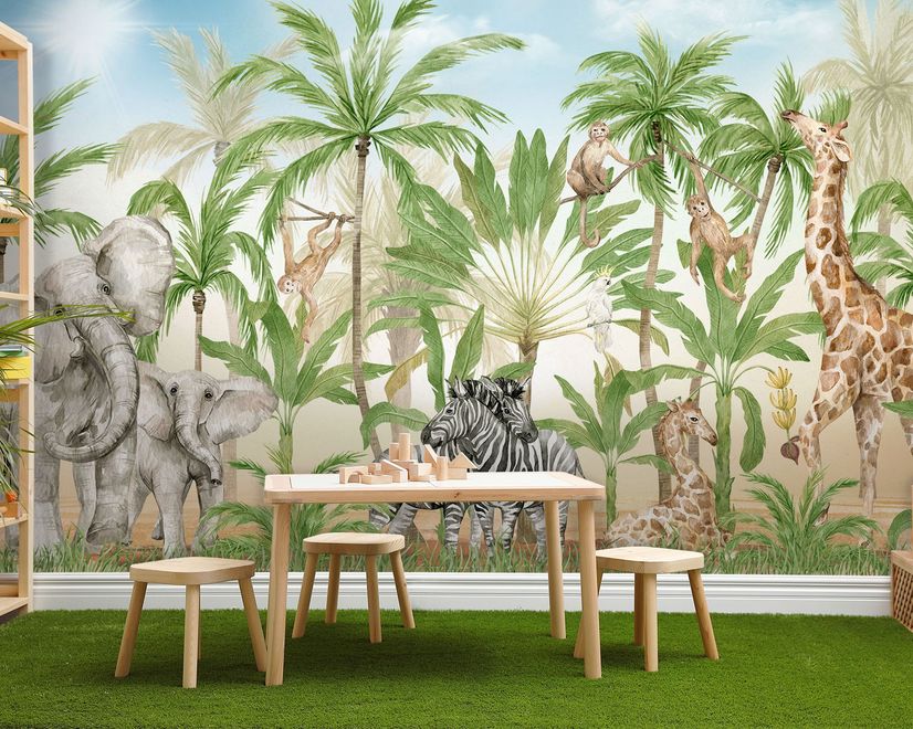Kids Safari Animals in the Jungle Wallpaper Mural