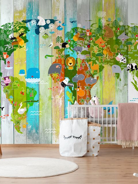 Papier peint carte du monde enfants bois coloré