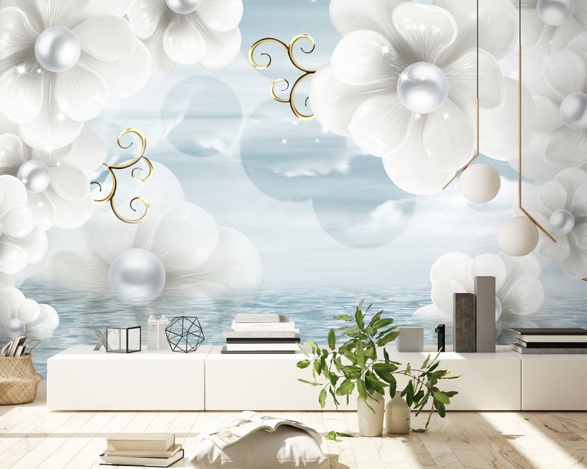 Papier peint panoramique floral lux blanc bijoux