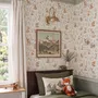 Woodland nursery wallpaper pattern with watercolour fawns, fox cubs, rabbits, teddy bears, birds and ducklings on cream