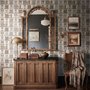 Vintage city wallpaper with illustrated European townhouses, lamps, bicycles, benches and orange-gold trees