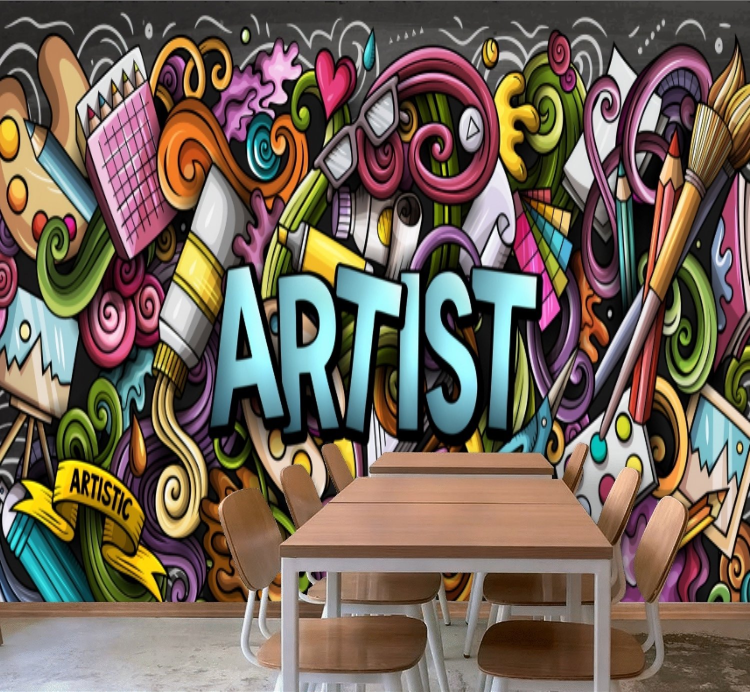 Drawing Graffiti Artist with Colorful Painting Wallpaper Mural - Peel and Stick