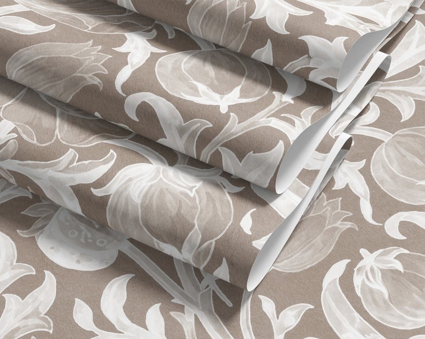 Greige botanical wallpaper with white watercolour flowers, buds, seed heads and acanthus leaves
