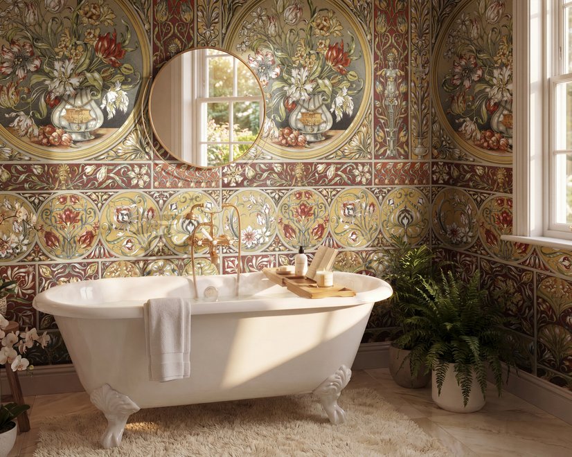 Antique style wallpaper mural with tulip vase medallion, floral tile panels and burgundy borders