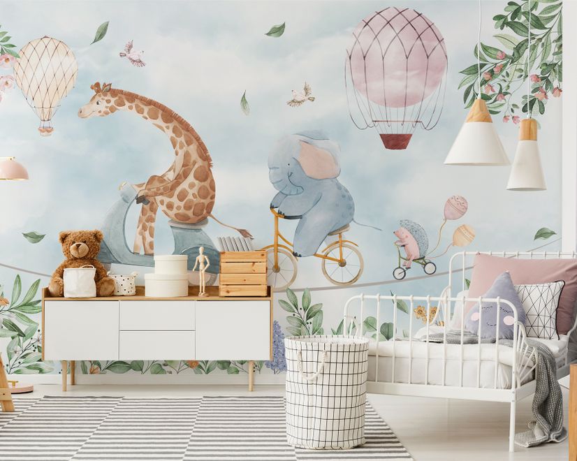 Kids Cycling Riding Cute Animals Wallpaper Mural