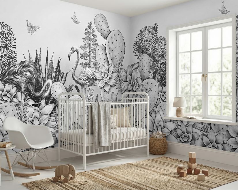 Papier peint panoramique dessin monochrome cactus floral avec flamant rose