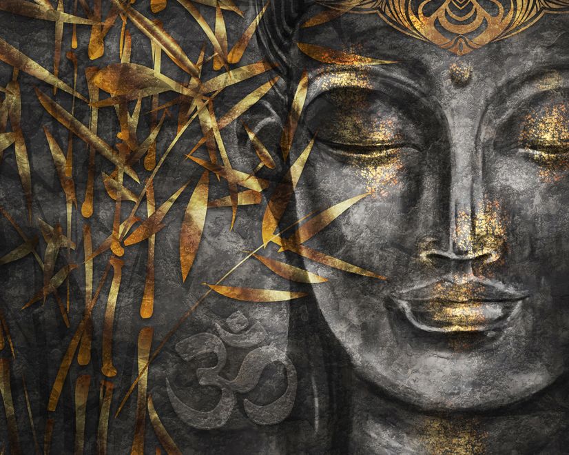 3D Look Concrete Buddha Face and Leaves Wallpaper Mural