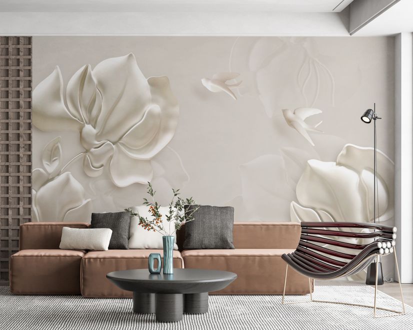 3D Embossed Look Magnolia Floral Art Wallpaper Mural