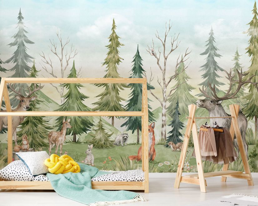 Kids Watercolor Pine Tree Forest with Animals Wallpaper Mural