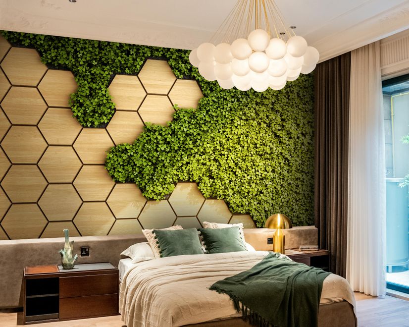 Hexagon Honeycomb Pattern and Fresh Grass Wallpaper Mural
