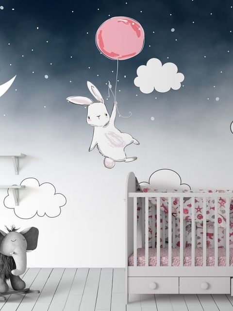 Cartoon-Nachthimmel mit Hase und Elefant Fototapete