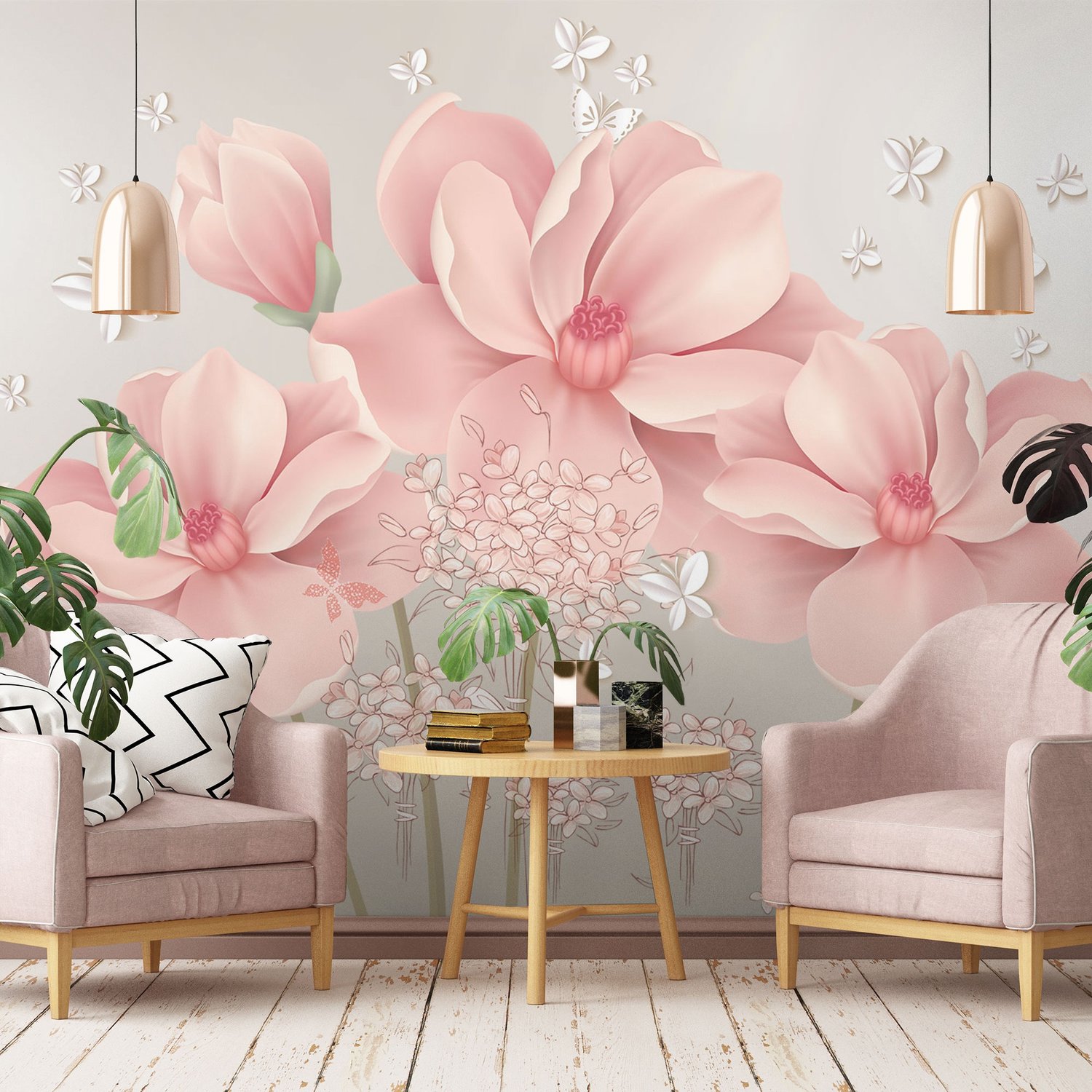 Pink Hdrangea Floral with Little Butterfly Wallpaper Mural - Peel and Stick