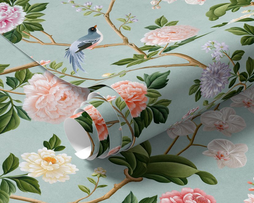 Chinoiserie wallpaper with peach birds, orchids and peonies on a pale duck egg blue ground