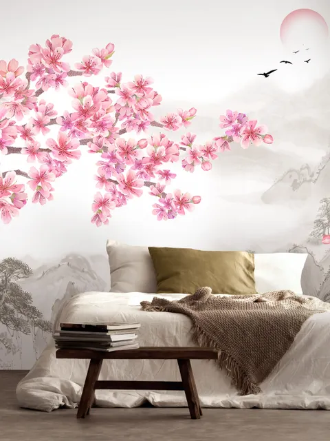 Cherry Blossom with Mountain Landscape Wallpaper Mural
