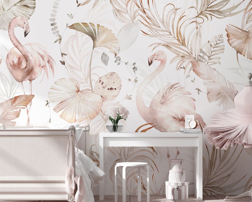 Papier peint art flamant doux avec boho tropical à feuilles