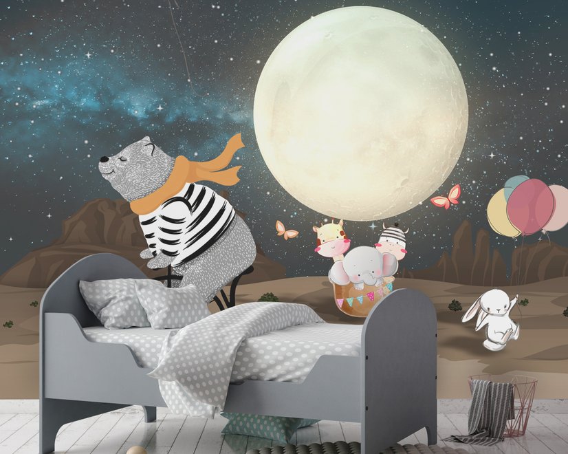 Fototapete mit Cartoon-Bär und niedlichem Kaninchen mit Mond