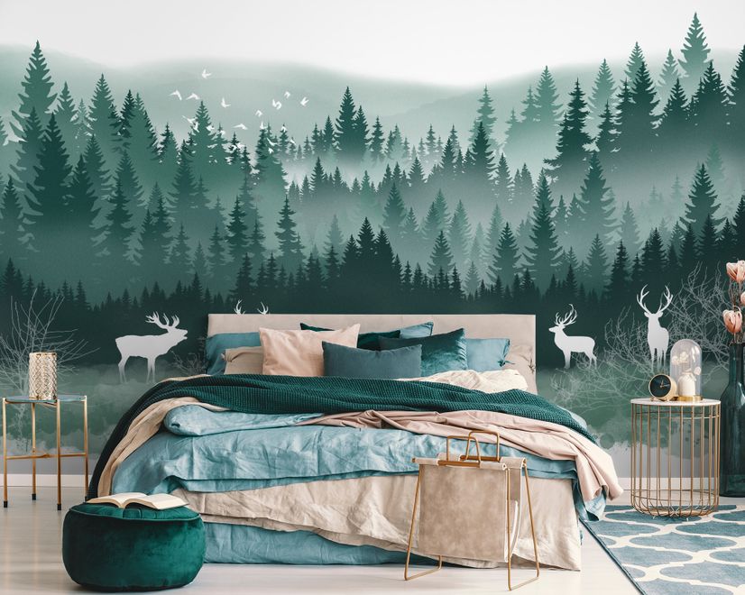 Misty Forest Landscape and Horned Deer Wallpaper Mural