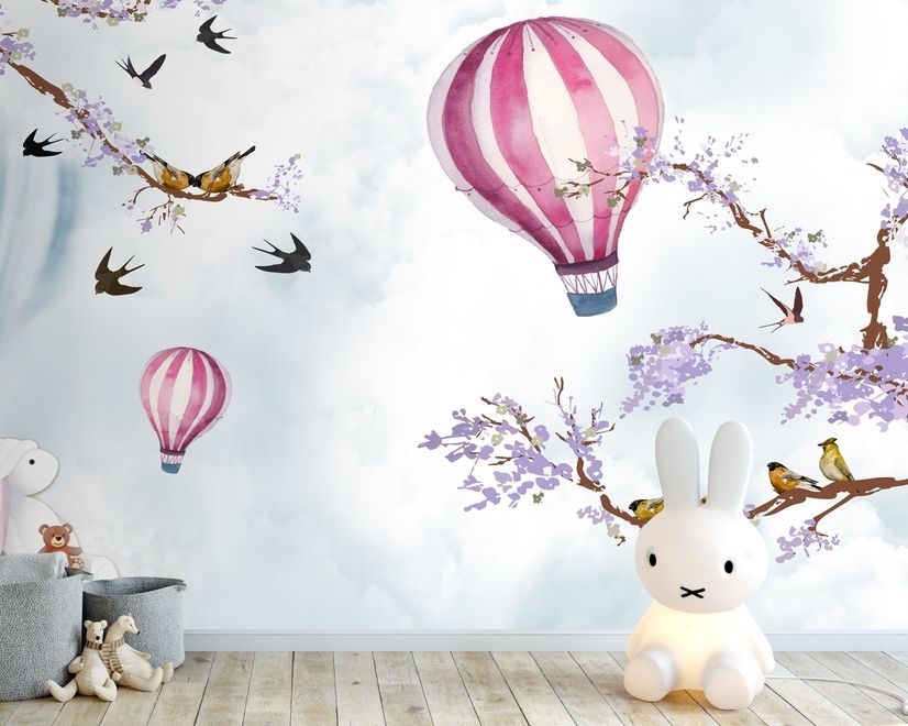 Kids Hot Air Balloon with Purple Blossom Wallpaper Mural