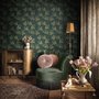 Dark green wallpaper with metallic antique-gold etched ginkgo leaves on a textured forest-green teal ground