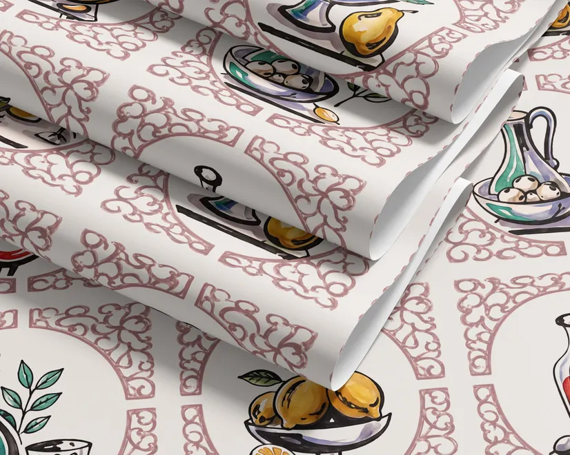 Bar wallpaper with cream tile grid, dusty rose arches, illustrated wine bottles, fruit and café still lifes
