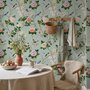 Chinoiserie wallpaper with peach birds, orchids and peonies on a pale duck egg blue ground
