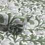 Sage green botanical floral wallpaper with white poppy flowers, lobed leaves and dotted seed centres