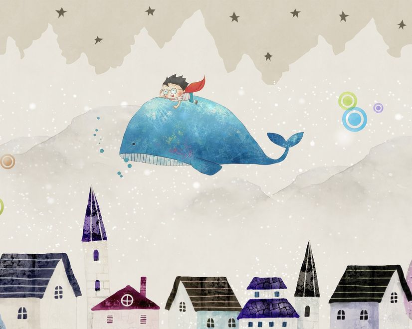 Cartoon Village and Little Child on the Flying Whale Wallpaper Mural