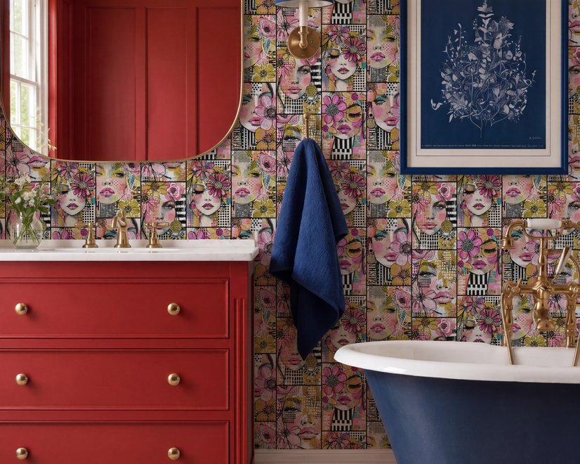 Bold wallpaper for powder room with pop art female faces, pink flowers, black comic panels, mustard, teal and fuchsia details