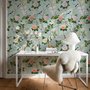 Chinoiserie wallpaper with peach birds, orchids and peonies on a pale duck egg blue ground