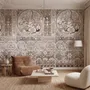 Antique wallpaper mural with Art Nouveau floral tile panels, sepia borders and blush botanical medallions