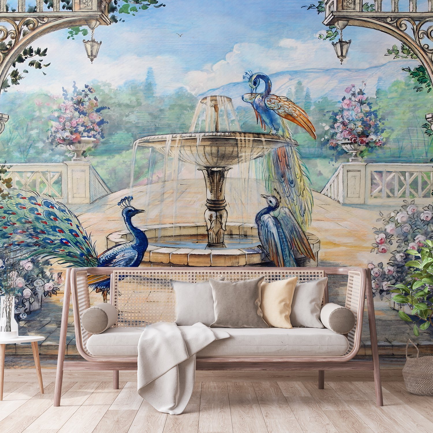 Gemälde Garten mit Brunnen, Pfau und Römischer Säule Fototapete - Selbstklebende
