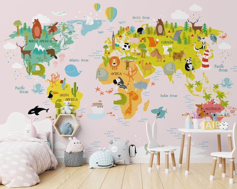 Сolorful Kids World Map with Animals Wallpaper Mural