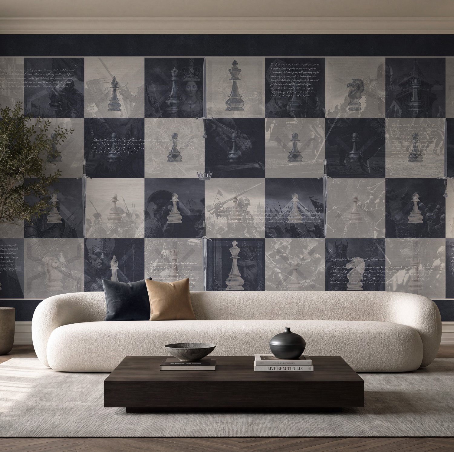 Monochrome Medieval Chessboard Historical Wallpaper Mural - Peel and Stick