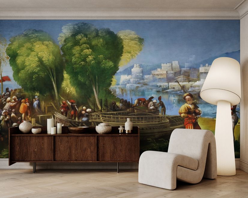 Medieval Lake Landscape with Boats Wallpaper Mural