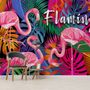 Pink Flamingo with Colorful Leaf Wallpaper Mural