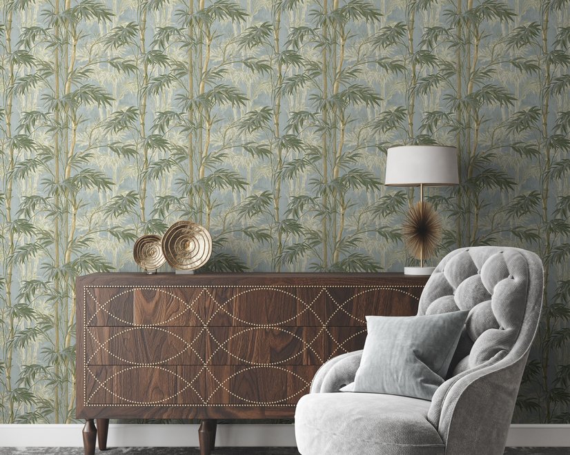 Bamboo oil painting wallpaper with olive leaves and ochre canes on a soft blue-grey ground