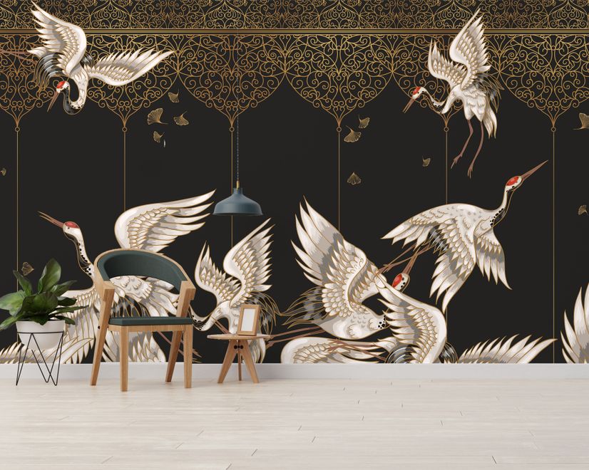 Asian Crane Birds and Ornaments Wallpaper Mural