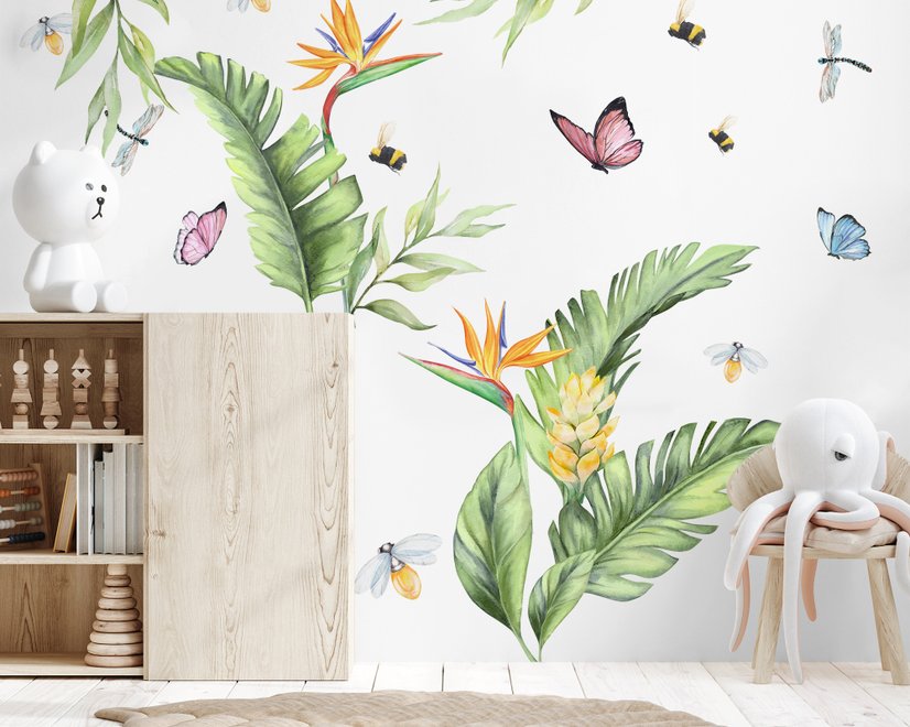Cute Tropical Leaves and Flowers Wall Decal Sticker
